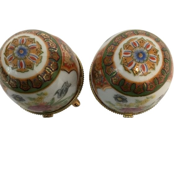 VTG Porcelain Egg Trinket Boxes Pair Floral Gilt Hinged Gold Tripod Stand 4" - Picture 8 of 10